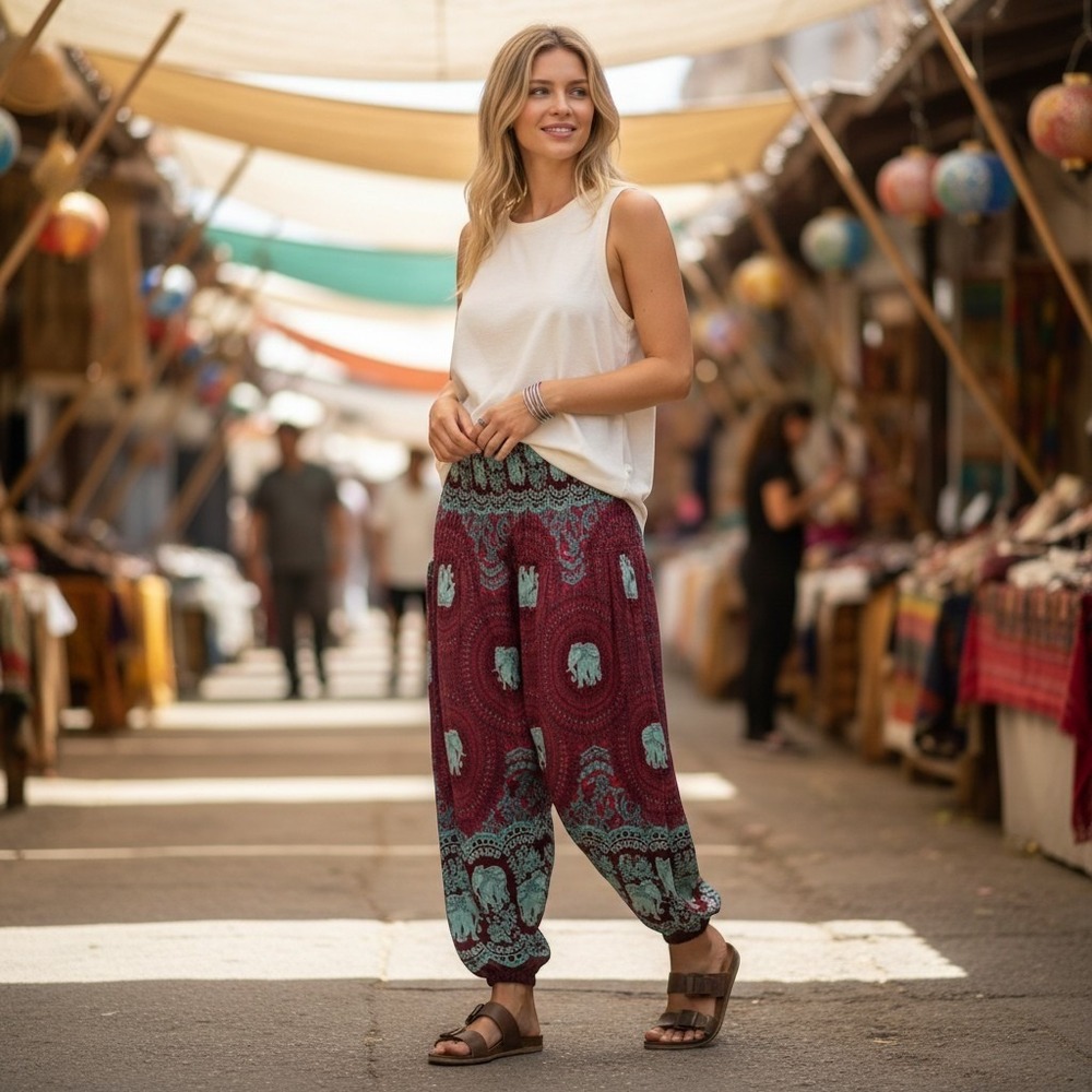 Elephant Print Harem Pants Smocked Waist Rayon Boho Yoga Pants Burgundy Teal OS